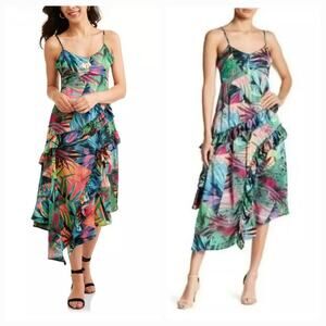 Women’s Tropical Ruffle Asymmetrical Midi Dress M Babydoll Fairycore Resort Wear